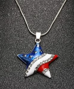 C-harm Girl Store 1 Pcs Fashion Cute USA Flag Necklace Enamel Heart Star Pendant Necklace For Women 4Th Of July Independence Day Crystal Jewelry
