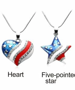 C-harm Girl Store 1 Pcs Fashion Cute USA Flag Necklace Enamel Heart Star Pendant Necklace For Women 4Th Of July Independence Day Crystal Jewelry
