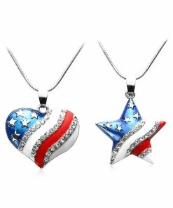 C-harm Girl Store 1 Pcs Fashion Cute USA Flag Necklace Enamel Heart Star Pendant Necklace For Women 4Th Of July Independence Day Crystal Jewelry