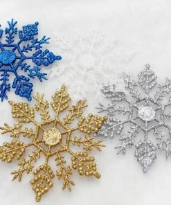 Key123 Christmas Decorations 12Pcs 10cm Gold Powder Snowflake For Xmas Charming White Christmas Tree Decor Xmas Party Holiday Christmas Ornaments Home Decor
