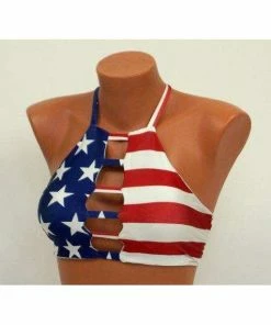 Bstyle American Flag Bikini Top/Flag Strappy Halter Top/High Neck/Patriotic Bikini/Swimwear/Swimsuit/Bathing Suit/Plus Size/4th July Bikini Top