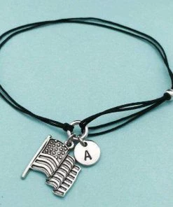 Toodaughters Accessories American Flag Cord Bracelet, American Flag Charm Bracelet, Adjustable Bracelet, Charm Bracelet, Personalized, Initial, Monogram