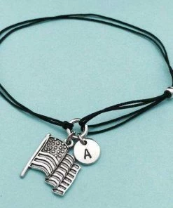 Toodaughters Accessories American Flag Cord Bracelet, American Flag Charm Bracelet, Adjustable Bracelet, Charm Bracelet, Personalized, Initial, Monogram