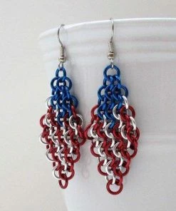 The American Store American Flag Earrings, Chainmail European 4 In 1 Weave, Red White And Blue Earrings
