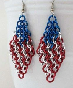 The American Store American Flag Earrings, Chainmail European 4 In 1 Weave, Red White And Blue Earrings