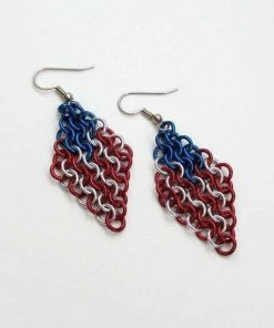 The American Store American Flag Earrings, Chainmail European 4 In 1 Weave, Red White And Blue Earrings