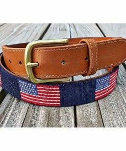HouseOnHudsonShop Clothing Accessories American Flag Leather Belt | Tan Leather, Brass Buckle & Needlepoint Belt
