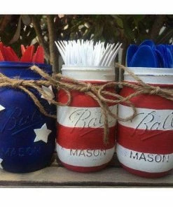 PrettySimplyStudio American Flag Painted Mason Jars - Red, White And Blue - Fourth Of July Party Decor - Picnic BBQ Utensil Holder - July 4 Patriotic Vase Wall Decor & Art