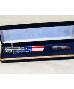 LumberJimStudios Accessories American Flag Pen In Bolt-Action Chrome W/Presentation Box, In Stars And Stripes (Bullet Pen)