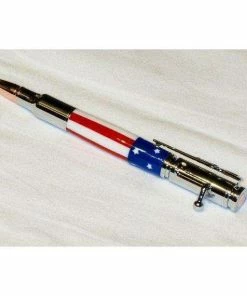 LumberJimStudios Accessories American Flag Pen In Bolt-Action Chrome W/Presentation Box, In Stars And Stripes (Bullet Pen)