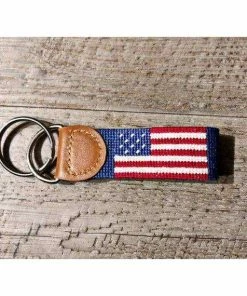 HouseOnHudsonShop Accessories American Flag Silver Ring Key Charm, Brown Leather, Handmade Needlepoint Key Fob / Keychain