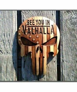 OlegWoodArt American Flag Skull Viking Plaques Decor Art Norse Thor Odin Wood Picture Pagan Gods Carving Heathen Asatru Celtic Norse Rune Wall Hanging American Vintage Collection