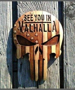 OlegWoodArt American Flag Skull Viking Plaques Decor Art Norse Thor Odin Wood Picture Pagan Gods Carving Heathen Asatru Celtic Norse Rune Wall Hanging American Vintage Collection