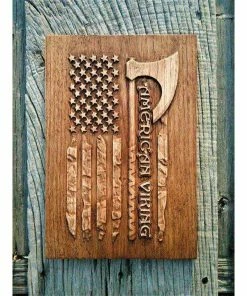 The American Store American Flag Walknut Viking Plaques Decor Art Norse Thor Odin Wood Picture Pagan Gods Carving Heathen Asatru Celtic Norse Rune Wall Hanging