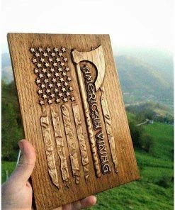 The American Store American Flag Walknut Viking Plaques Decor Art Norse Thor Odin Wood Picture Pagan Gods Carving Heathen Asatru Celtic Norse Rune Wall Hanging
