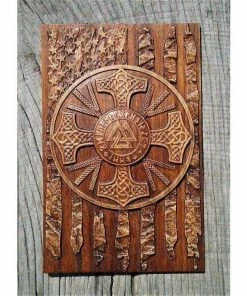 OlegWoodArt American Vintage Collection American Flag Walknut Viking Plaques Decor Art Norse Thor Odin Wood Picture Pagan Gods Carving Heathen Asatru Celtic Norse Rune Wall Hanging