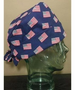 The American Store American Flags On Navy Surgical Scrub Hat, Adorable Patriotic Women's Pixie Scrub Cap, Operating Room Caps, Custom Caps Company Clothing Accessories