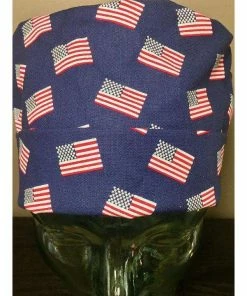 The American Store American Flags On Navy Surgical Scrub Hat, Adorable Patriotic Women's Pixie Scrub Cap, Operating Room Caps, Custom Caps Company Clothing Accessories