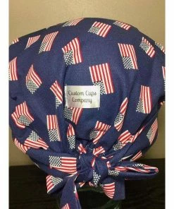 The American Store American Flags On Navy Surgical Scrub Hat, Adorable Patriotic Women's Pixie Scrub Cap, Operating Room Caps, Custom Caps Company Clothing Accessories