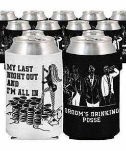 Amazing Night Productions Casual Glasses Bachelor Beer Coolies - 13 Total - "My Last Night Out And I'm All In" & "Groom's Drinking Posse" 1 Unique White One For The Groom And 12 Black For The Groomsmen - Premium Neoprene & Stitching