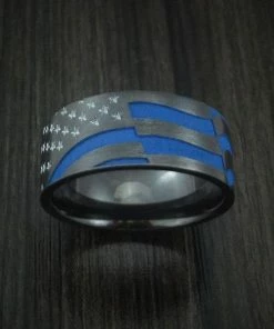 The American Store Gift Collection Black Zirconium And Cerakote American Thin Blue Line Flag Custom Made United States Police Ring