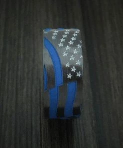 The American Store Gift Collection Black Zirconium And Cerakote American Thin Blue Line Flag Custom Made United States Police Ring