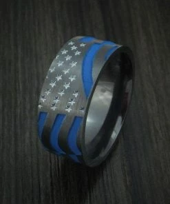 The American Store Gift Collection Black Zirconium And Cerakote American Thin Blue Line Flag Custom Made United States Police Ring