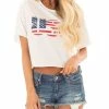 Women Clothing Blooming Jelly Women's Short Sleeve White USA Crop Top Letter Print Round Neck Tee Shirt