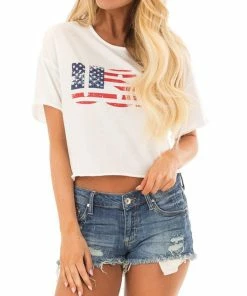 Women Clothing Blooming Jelly Women's Short Sleeve White USA Crop Top Letter Print Round Neck Tee Shirt