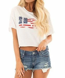 Women Clothing Blooming Jelly Women's Short Sleeve White USA Crop Top Letter Print Round Neck Tee Shirt