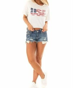Women Clothing Blooming Jelly Women's Short Sleeve White USA Crop Top Letter Print Round Neck Tee Shirt