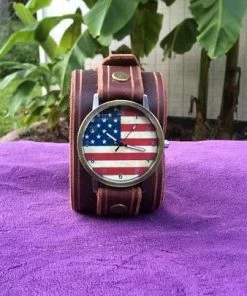 RockinLeather Brown Leather Cuff Watch With American Flag Face And Buckle Accessories