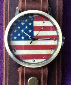 RockinLeather Brown Leather Cuff Watch With American Flag Face And Buckle Accessories