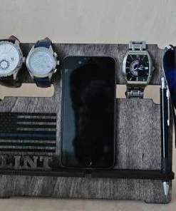 MyHandicraftStudio Accessories Charging Station, Docking Station, Phone Stand, Phone Holder, Thin Blue Line, American Flag, Watch Stand, Gift For Dad, Gifts For Him, Mens