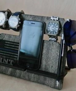 MyHandicraftStudio Accessories Charging Station, Docking Station, Phone Stand, Phone Holder, Thin Blue Line, American Flag, Watch Stand, Gift For Dad, Gifts For Him, Mens