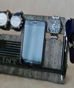 MyHandicraftStudio Accessories Charging Station, Docking Station, Phone Stand, Phone Holder, Thin Blue Line, American Flag, Watch Stand, Gift For Dad, Gifts For Him, Mens