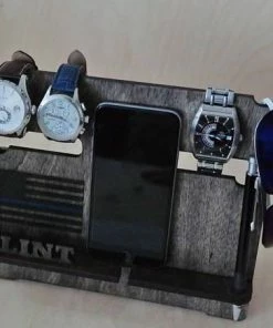 MyHandicraftStudio Accessories Charging Station, Docking Station, Phone Stand, Phone Holder, Thin Blue Line, American Flag, Watch Stand, Gift For Dad, Gifts For Him, Mens