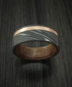 RevolutionJewel Damascus Steel Band With 14k Rose Gold And Jack Daniels Whiskey Barrel Wood Sleeve Custom Made Gift Collection