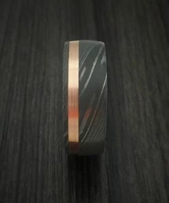 RevolutionJewel Damascus Steel Band With 14k Rose Gold And Jack Daniels Whiskey Barrel Wood Sleeve Custom Made Gift Collection