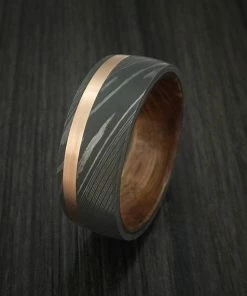RevolutionJewel Damascus Steel Band With 14k Rose Gold And Jack Daniels Whiskey Barrel Wood Sleeve Custom Made Gift Collection