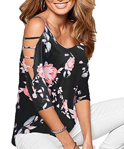 DREAGAL Women's Loose Hollowed Out Shoulder Floral Print Blouse Tops Women Clothing 12 DREAGAL Women's Loose Hollowed Out Shoulder Floral Print Blouse Tops Women Clothing