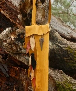 HollyHawkDesigns Elk Leather Flute Bag, Native American Styled Flute Bag, Yellow Leather, Leather Feathers Flute Bag,flute Accessory, Tribal Leather Bag