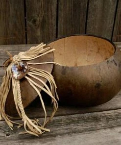 Online American Store Fringed Gourd Bowl, Decorative Gourd, Gourd Art, Lidded Gourd Bowl, Rustic Leather And Gourd Bowl