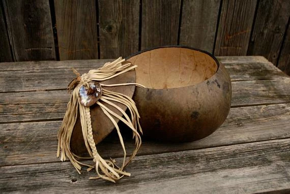Online American Store Fringed Gourd Bowl, Decorative Gourd, Gourd Art, Lidded Gourd Bowl, Rustic Leather And Gourd Bowl 3 Online American Store Fringed Gourd Bowl, Decorative Gourd, Gourd Art, Lidded Gourd Bowl, Rustic Leather And Gourd Bowl