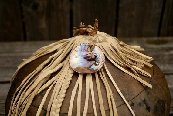 Online American Store Fringed Gourd Bowl, Decorative Gourd, Gourd Art, Lidded Gourd Bowl, Rustic Leather And Gourd Bowl 5 Online American Store Fringed Gourd Bowl, Decorative Gourd, Gourd Art, Lidded Gourd Bowl, Rustic Leather And Gourd Bowl