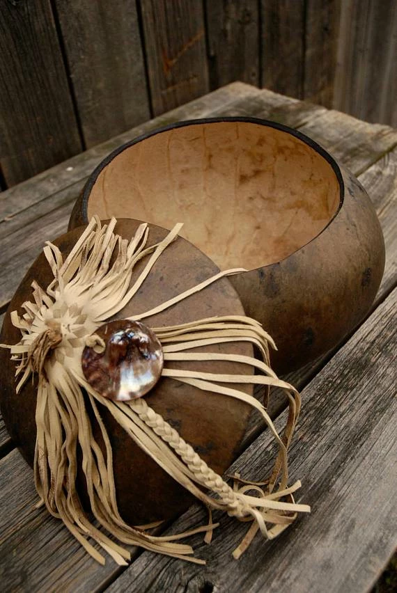 Online American Store Fringed Gourd Bowl, Decorative Gourd, Gourd Art, Lidded Gourd Bowl, Rustic Leather And Gourd Bowl 6 Online American Store Fringed Gourd Bowl, Decorative Gourd, Gourd Art, Lidded Gourd Bowl, Rustic Leather And Gourd Bowl