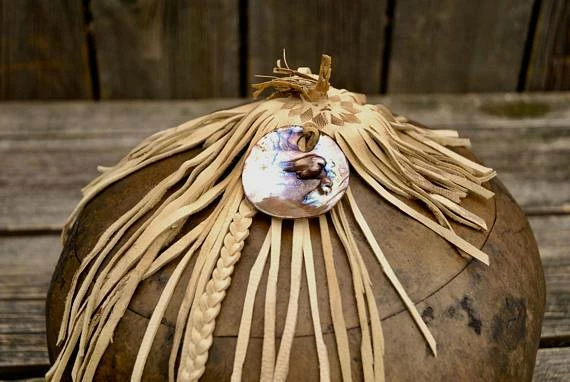 Online American Store Fringed Gourd Bowl, Decorative Gourd, Gourd Art, Lidded Gourd Bowl, Rustic Leather And Gourd Bowl 11 Online American Store Fringed Gourd Bowl, Decorative Gourd, Gourd Art, Lidded Gourd Bowl, Rustic Leather And Gourd Bowl