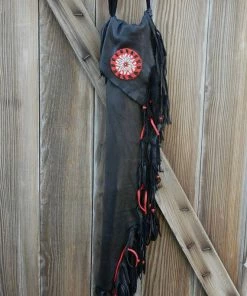 The American Store Fringed Leather Flute Bag, Native American Flute Bag, Native Flute Accessory, Leather Flute Case, Black And Red Leather Flute Bag