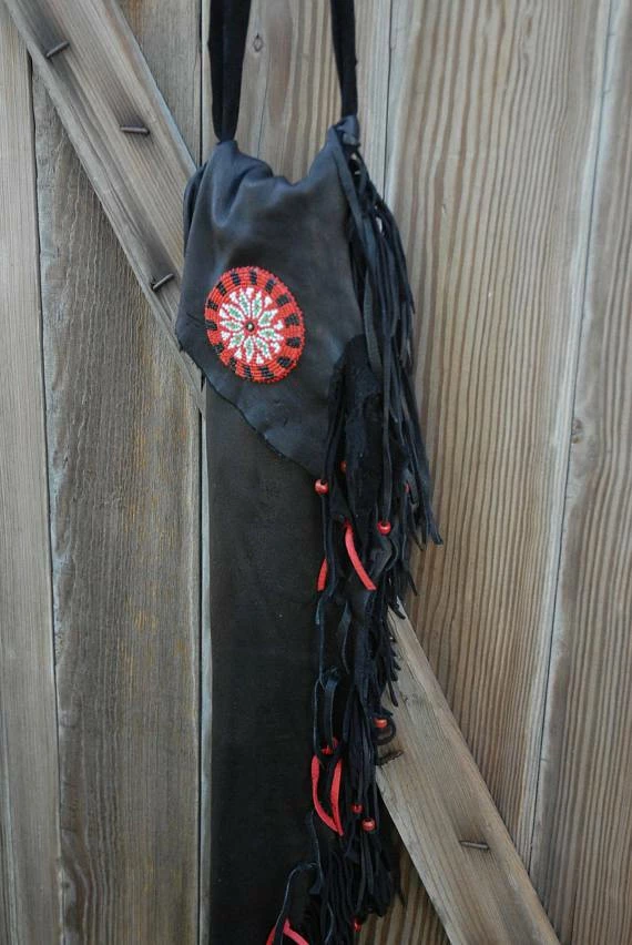 The American Store Fringed Leather Flute Bag, Native American Flute Bag, Native Flute Accessory, Leather Flute Case, Black And Red Leather Flute Bag 4 The American Store Fringed Leather Flute Bag, Native American Flute Bag, Native Flute Accessory, Leather Flute Case, Black And Red Leather Flute Bag