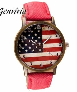 Onlineamericanstore Genvivia Hot Sale Women's Watch American Flag Pattern 2017 Watch Leather Band Analog Quartz Vogue WristWatches Male Female